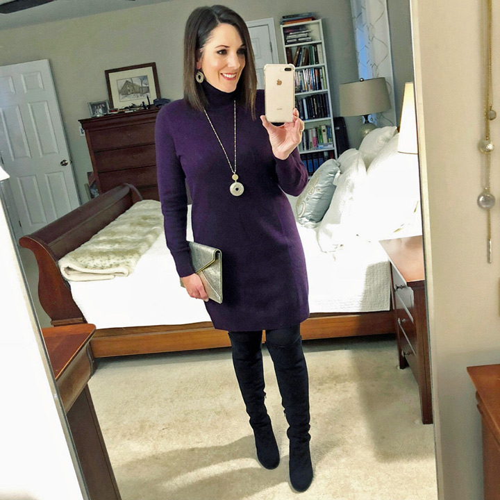 winter outfit: cashmere sweater dress with OTK boots