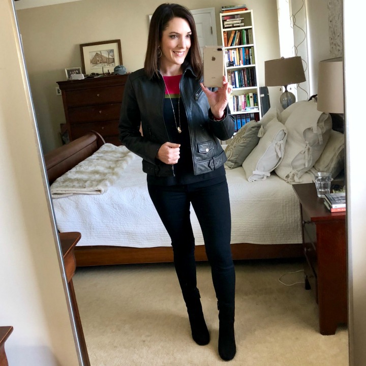 colorblock sweater with black jeans and black leather jacket