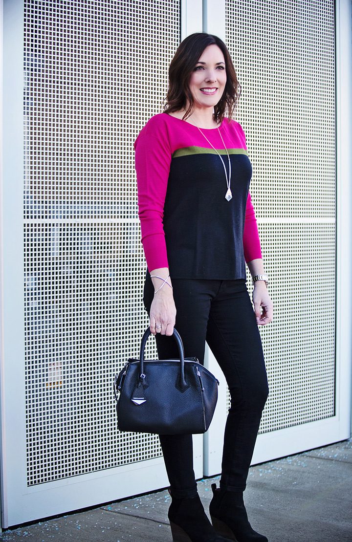 Winter Outfit: Ann Taylor Colorblock Sweater with Black Jeans | #fashion #winteroutfit #fashionover40 | Jo-Lynne Shane 