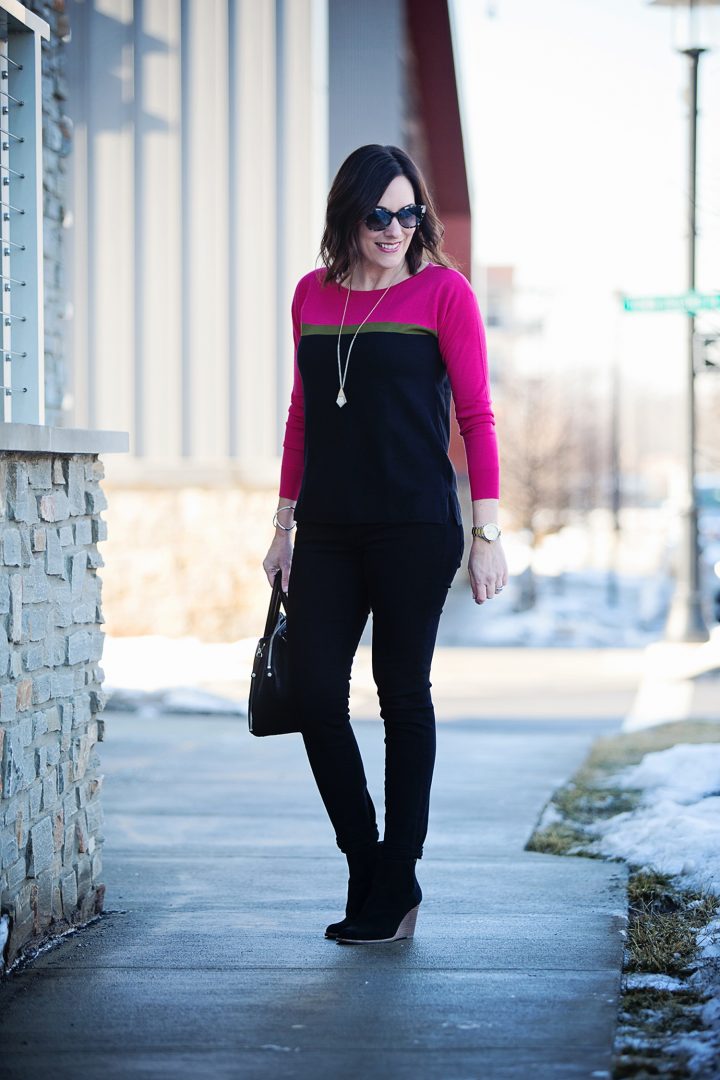 Colorblock Sweater Outfit with Black Jeans | #fashion #winteroutfit #fashionover40 | Jo-Lynne Shane 