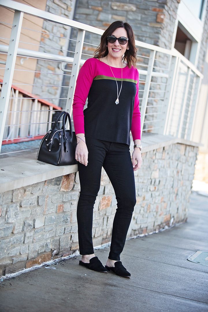 Winter Outfit: Ann Taylor Colorblock Sweater with Black Jeans and R Minkoff Mika Mules | #fashion #winteroutfit #fashionover40 | Jo-Lynne Shane 