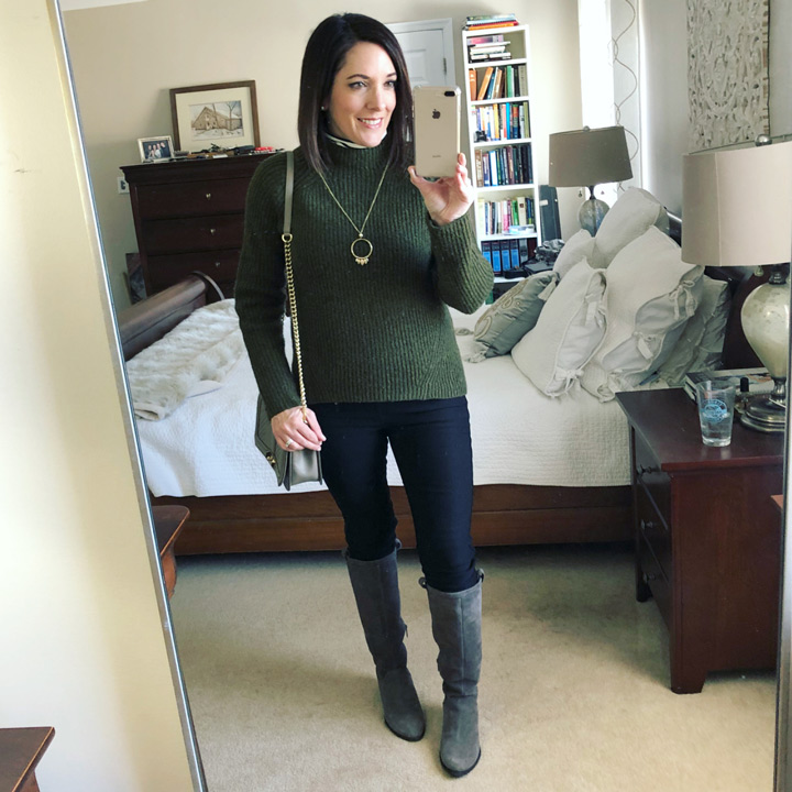 winter outfit: wool paloma coat over green mockneck sweater