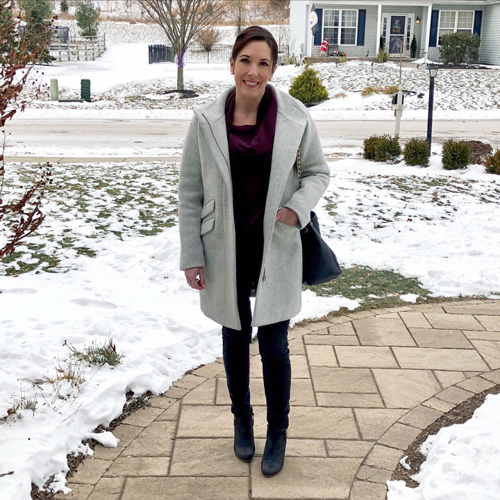 winter outfit: grey cocoon coat with plum cowlneck tunic