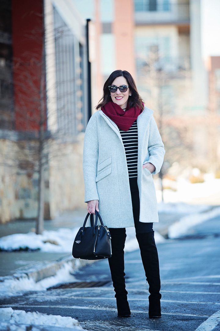 Winter Outfit Inspo: J.Crew Wool Cocoon Coat, black & white striped cashmere v-neck sweater, black AG skinny jeans, Stuart Weitzman Women's Alljill Suede Over-the-Knee Boots | Jo-Lynne Shane #fashionover40 #winteroutfit