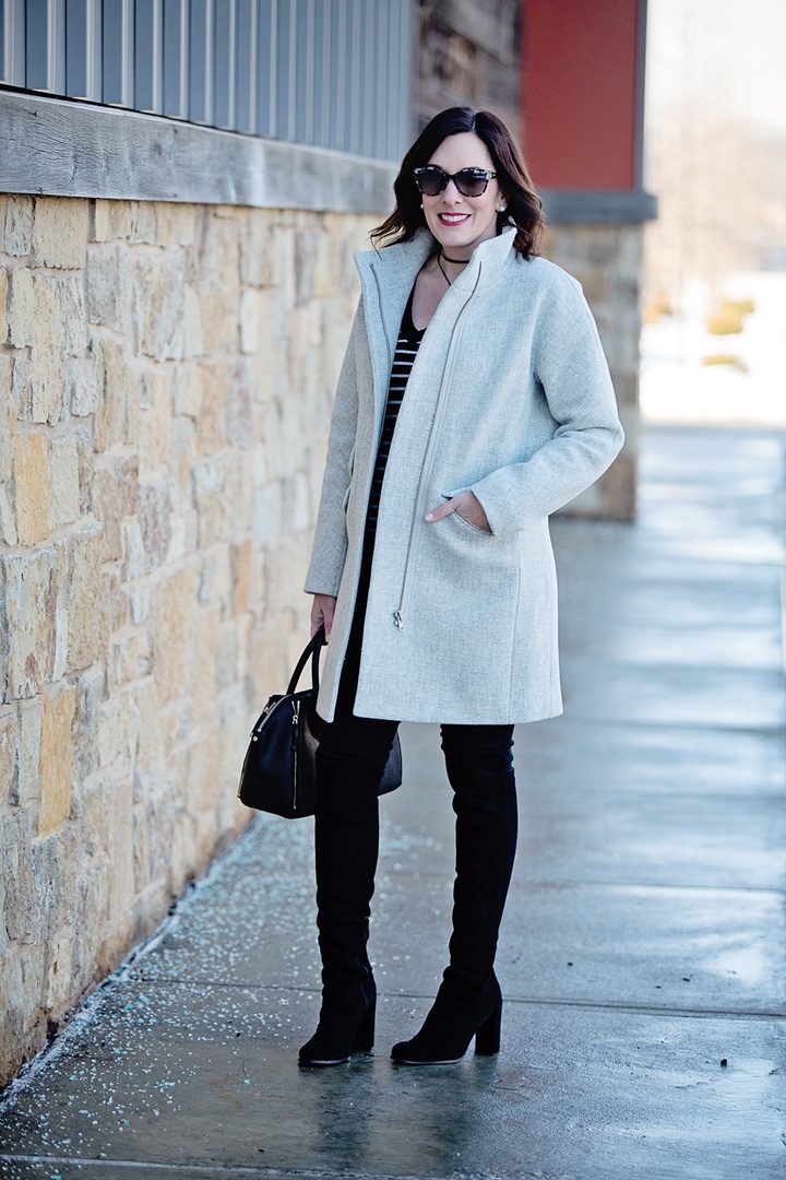 Winter Outfit Inspo: J.Crew Wool Cocoon Coat, black & white striped cashmere v-neck sweater, black AG skinny jeans, Stuart Weitzman Women's Alljill Suede Over-the-Knee Boots | Jo-Lynne Shane #fashionover40 #winteroutfit