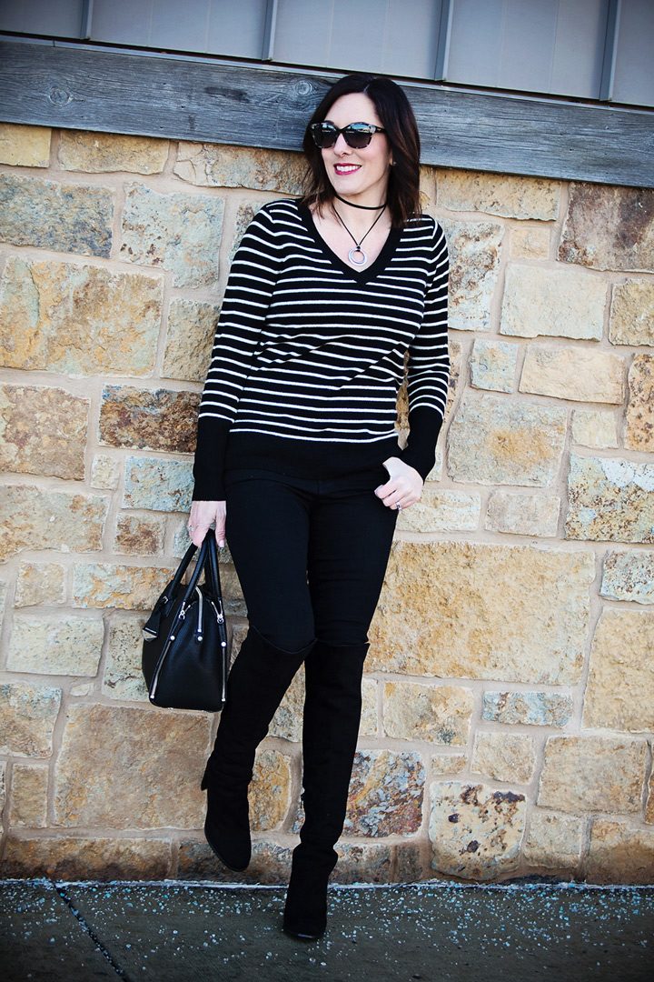 Winter Outfit Inspo: black & white striped cashmere v-neck sweater, black skinny jeans, black suede over-the-knee boots | Jo-Lynne Shane #fashionover40 #winteroutfit