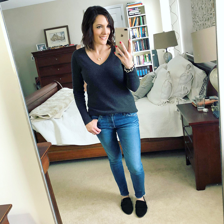 winter outfit: grey cashmere sweater with skinny jeans and black suede mules