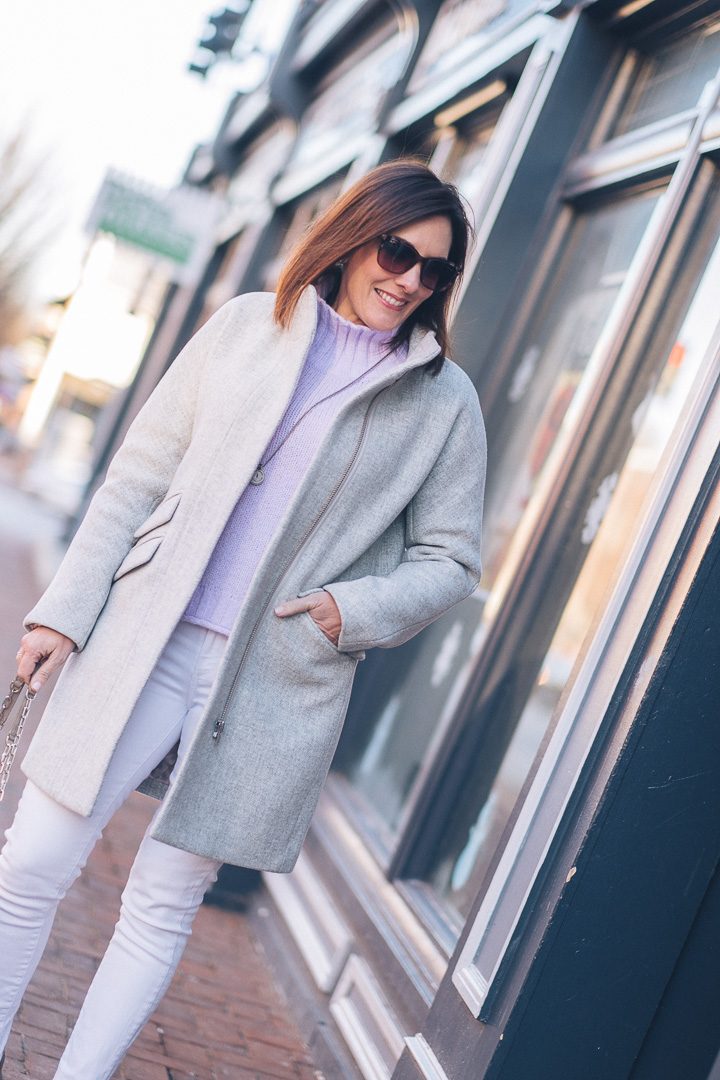 Winter Outfit Inspo: White Jeans Outfit with Lavender | Fashion Over 40 | Jo-Lynne Shane #winterfashion #fashionover40