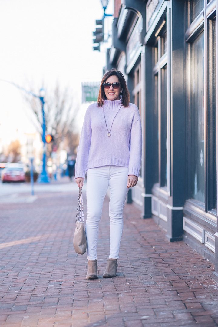 Winter Outfit Inspo: White Jeans Outfit with Lavender | Fashion Over 40 | Jo-Lynne Shane #winterfashion #fashionover40