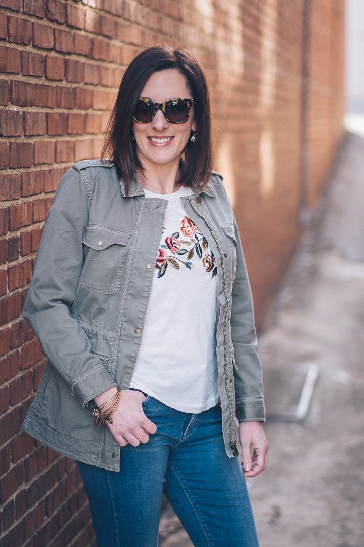 How To Elevate A Classic Utility Jacket for Spring | Lucky Brand Bridgette High Rise Skinnies | Lucky Brand Girlfriend Utility Jacket | Lucky Brand Rose Embroidered Tee | Jo-Lynne Shane | Fashion for Women Over 40