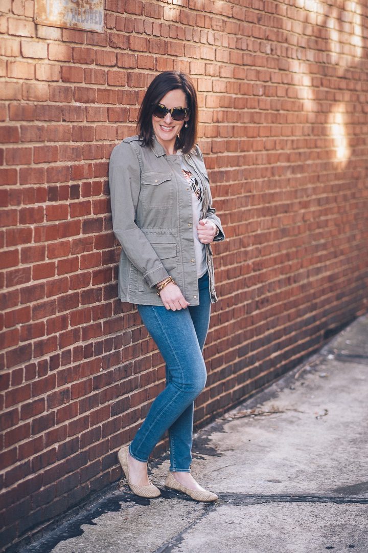 How To Elevate A Classic Utility Jacket for Spring | Lucky Brand Bridgette High Rise Skinnies | Lucky Brand Girlfriend Utility Jacket | Lucky Brand Rose Embroidered Tee | Lucky Brand Woven Emmie Flats | Jo-Lynne Shane | Fashion for Women Over 40