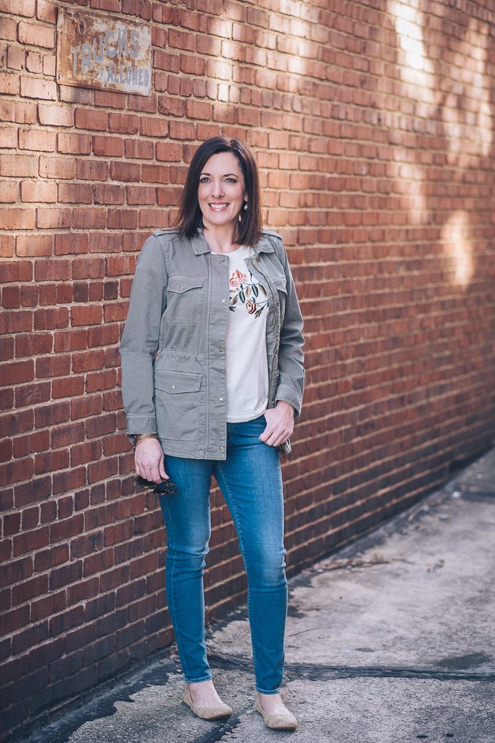How To Elevate A Classic Utility Jacket for Spring | Lucky Brand Bridgette High Rise Skinnies | Lucky Brand Girlfriend Utility Jacket | Lucy Brand Rose Embroidered Tee | Lucky Brand Woven Emmie Flats | Jo-Lynne Shane | Fashion for Women Over 40
