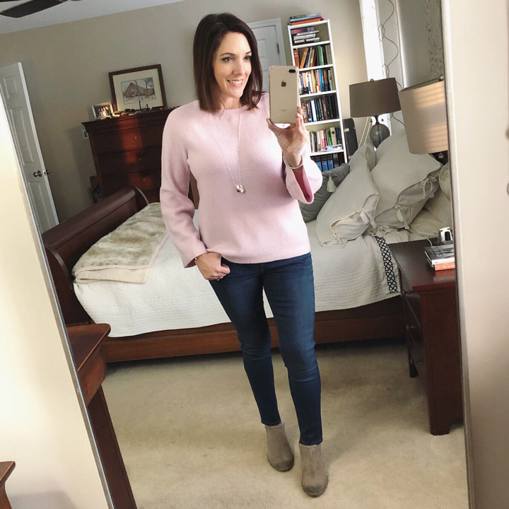LOFT pastel pink sweater with Madewell Roadtripper skinny jeans