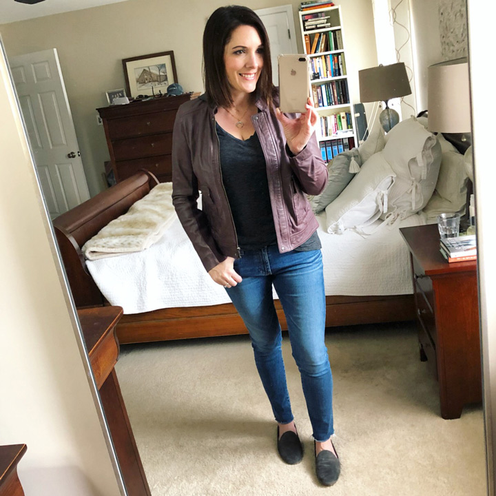plum leather jacket with t-shirt and jeans