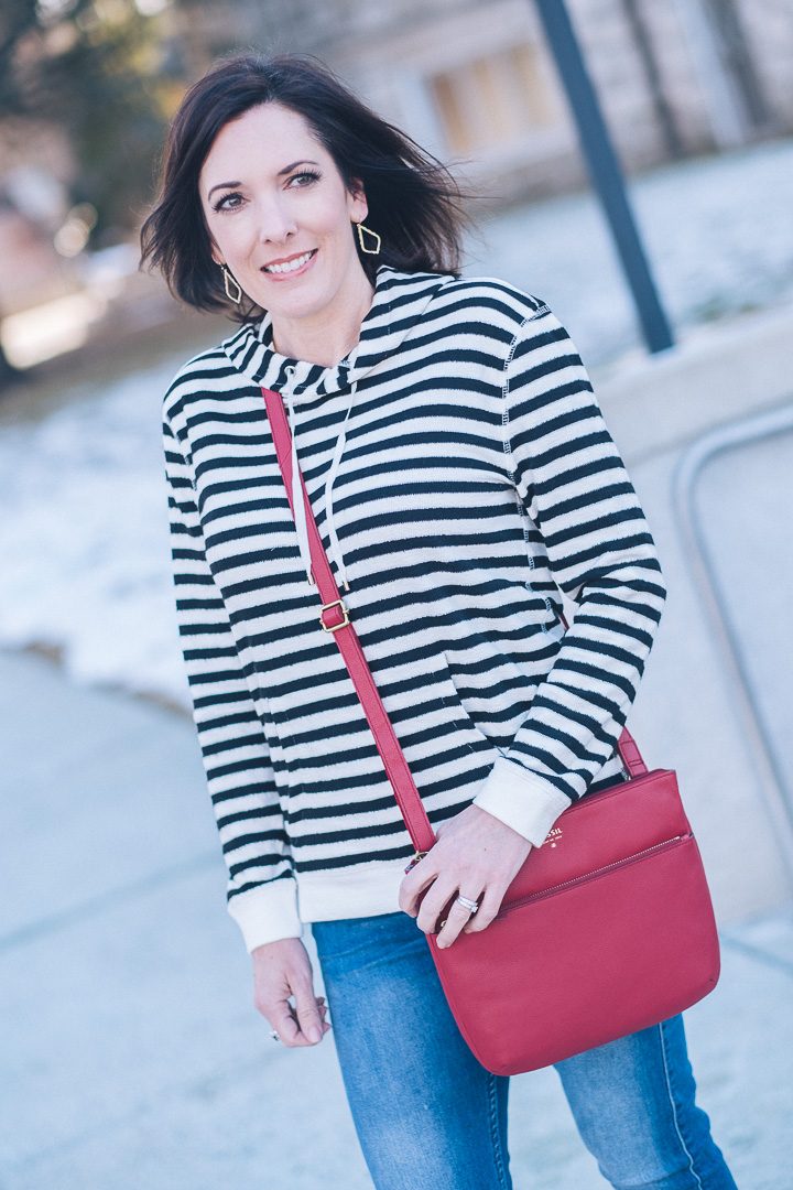 Sharing a spring transition outfit in partnership with T.J.Maxx featuring Jones New York striped hoodie.