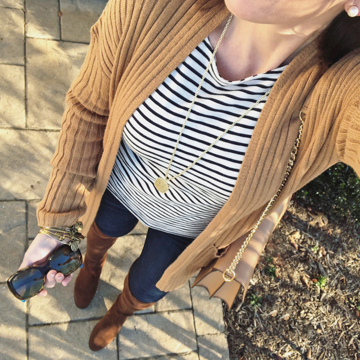 winter outfit: striped tee with camel cardigan and chocolate brown over-the-knee boots