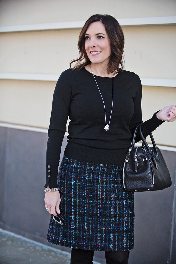Easy Way to Style A Tweed Skirt: black jewel neck sweater, over the knee boots, structured satchel | jolynneshane.com