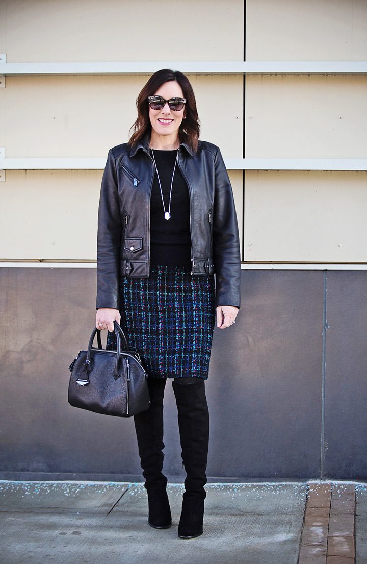 Easy Way to Style A Tweed Skirt for Winter: black jewel neck sweater, over the knee boots, structured satchel | jolynneshane.com