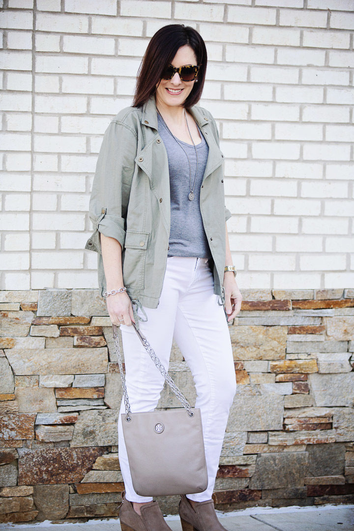 Spring Utility Jacket Outfit with Caslon Roll Sleeve Utility Jacket, Articles of Society Sarah Skinny Jeans, grey T by Alexander Wang, and taupe ankle boots. Jo-Lynne Shane. #fashion #springfashion 
