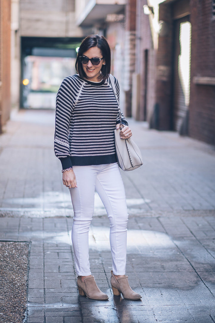 Jo-Lynne Shane wearing Loft striped whipstitched sweater, ultra white Paige Verdugo ankle skinny jeans, Vince Camuto booties, and Rebecca Minkoff Darren shoulder bag with Maui Jim Moonbow sunnies. #momstyle #springfashion