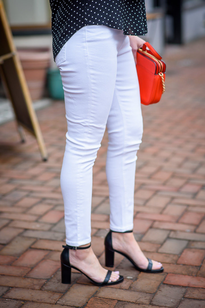 Topshop Jamie high waist skinny ankle jeans in white with Stuart Weitzman NearlyNude Ankle Strap Sandals in Black Nappa