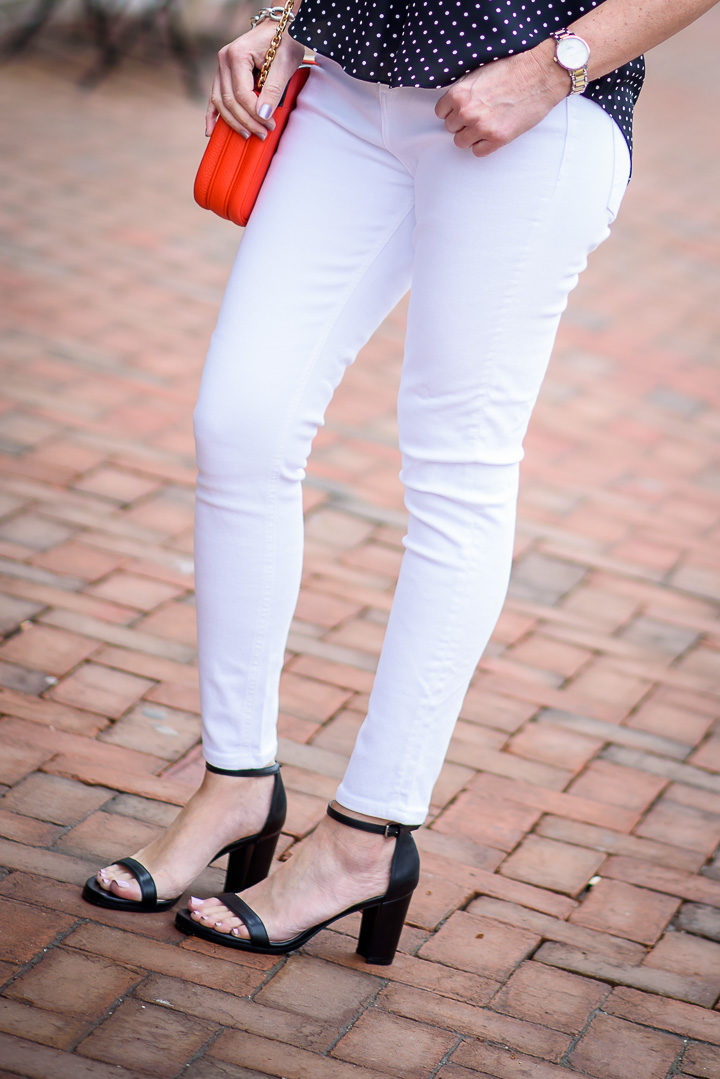 White Topshop Jamie high waist skinny ankle jeans and Stuart Weitzman NearlyNude ankle strap sandals in Black Nappa