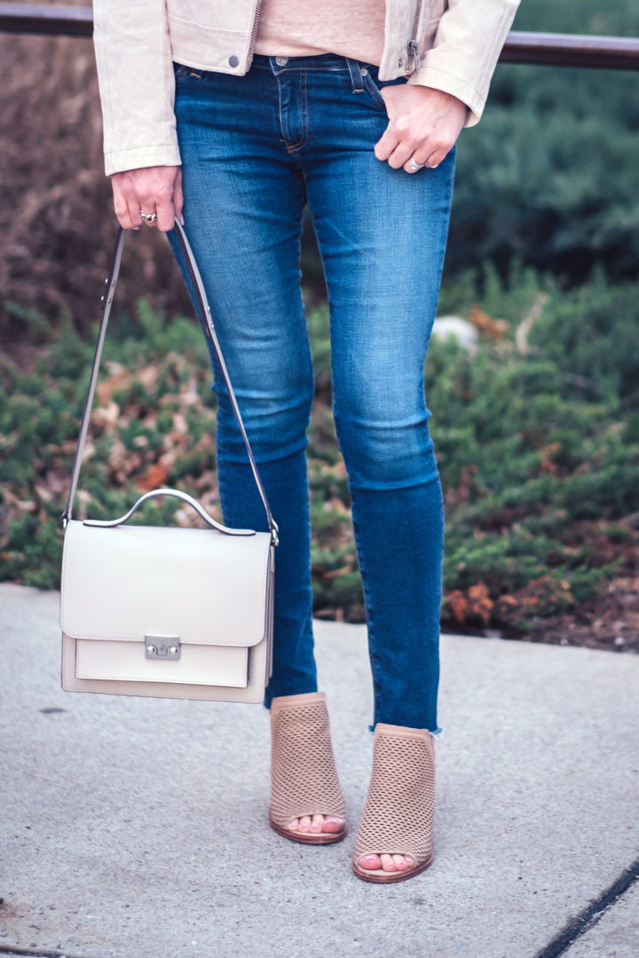 AG Legging Ankle Jeans with Vince Camuto Kensa Peep-Toe Booties and Loeffler Randall minimal rider leather satchel