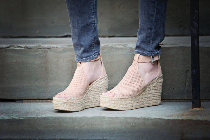 Spring outfit with blush suede Marc Fisher Annie espadrille wedges