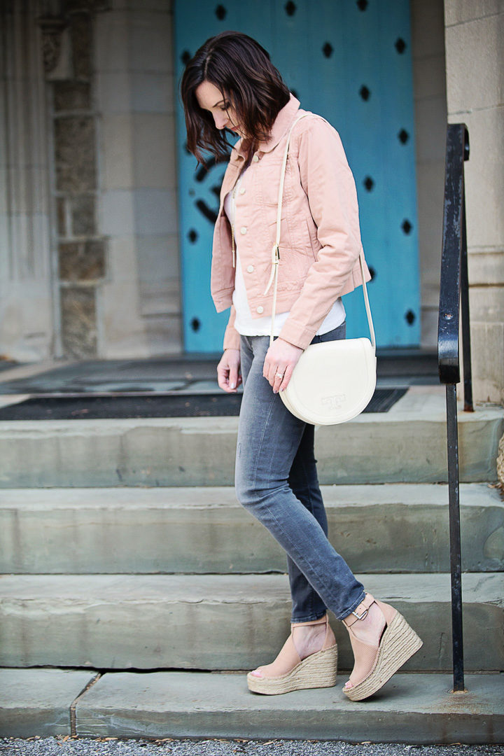 Spring Outfit with LOFT Paisley Embroidered Denim Jacket, white Madewell Whisper Soft Pocket Tee, grey Hudson skinny jeans, blush suede Marc Fisher Annie Espadrille Wedges, and Tory Burch Serif T Saddle Bag in New Ivory