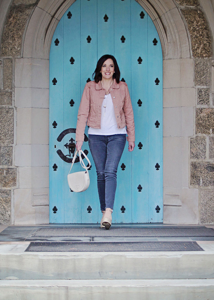 Spring Outfit with LOFT Paisley Embroidered Denim Jacket, white Madewell Whisper Soft Pocket Tee, grey Hudson skinny jeans, blush suede Marc Fisher Annie Espadrille Wedges, Lucky Brand Openwork Layer Necklace, and Tory Burch Serif T Saddle Bag in New Ivory