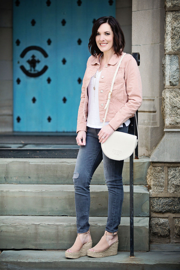 Spring Outfit with LOFT Paisley Embroidered Denim Jacket, white Madewell Whisper Soft Pocket Tee, grey Hudson skinny jeans, blush suede Marc Fisher Annie Espadrille Wedges, Lucky Brand Openwork Layer Necklace, and Tory Burch Serif T Saddle Bag in New Ivory