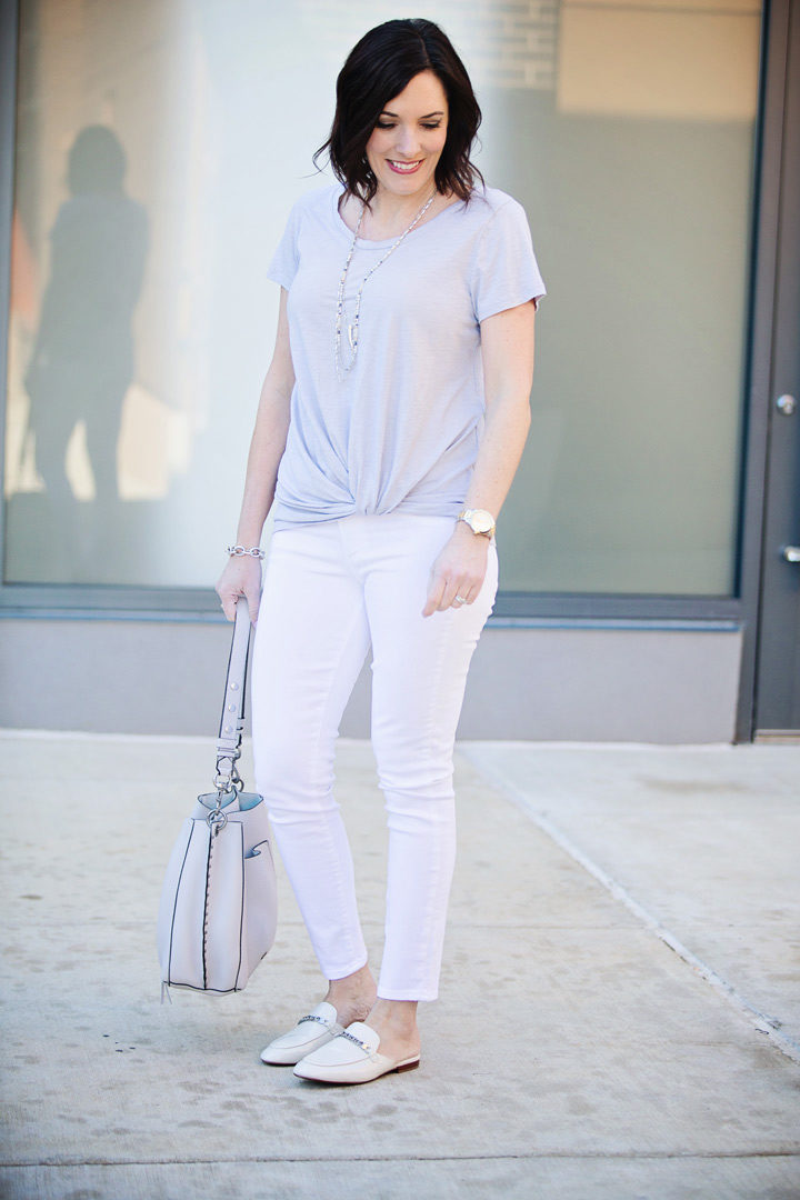 Spring Outfit: grey twist front tee with white Paige Verdugo ankle skinny jeans and white mules