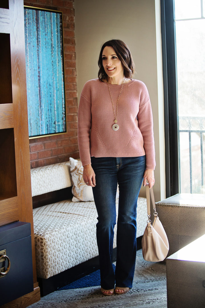 Spring Outfit: Ann Taylor Mauve Sweater with 7FAM Bootcut Jeans and Vince Camuto Kensa Perforated Peep-Toe Booties