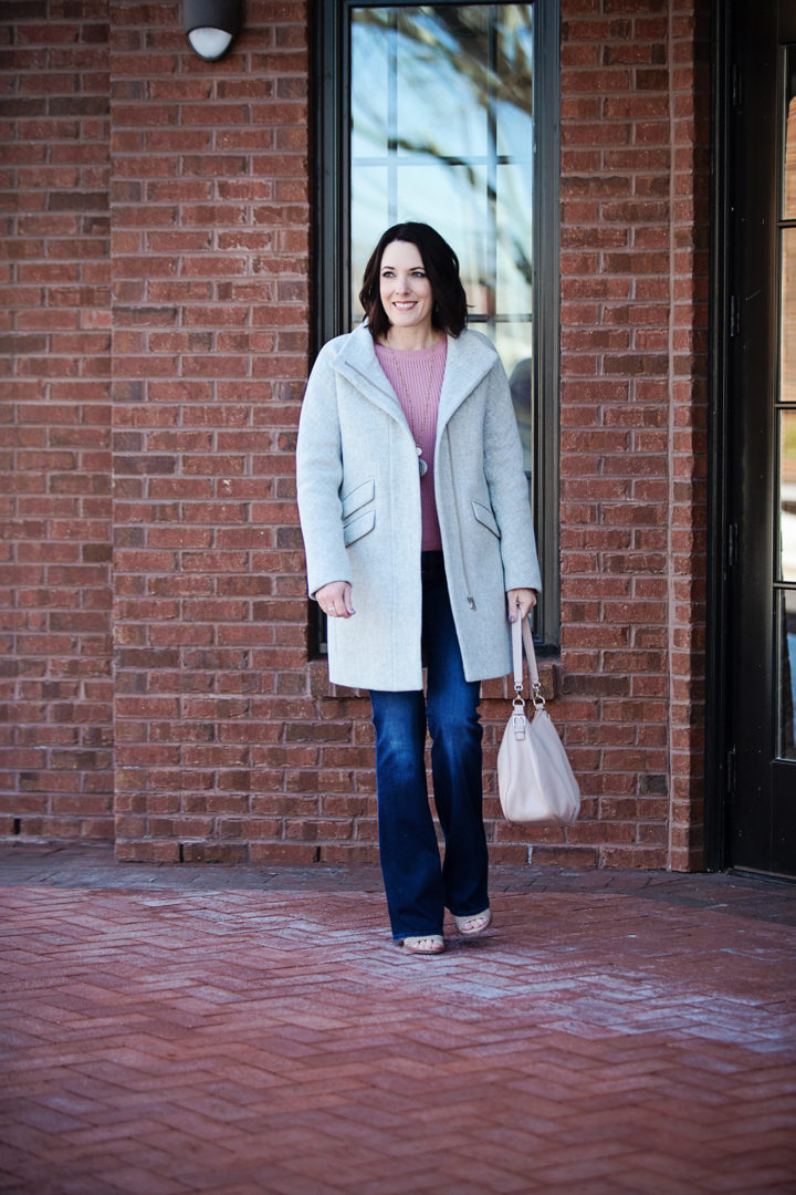 Spring Outfit: Ann Taylor Mauve Sweater with 7FAM Bootcut Jeans and Vince Camuto Kensa Perforated Peep-Toe Booties + J.Crew Cocoon Coat