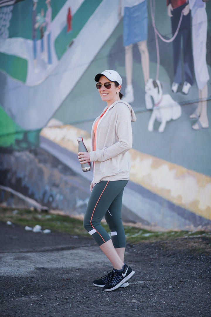 Jo-Lynne Shane wearing a spring workout look with Nordstrom featuring Zella Fly Mode Tee, Well Played Zip Fleece Hoodie, and Piper High Waist Crop Leggings.