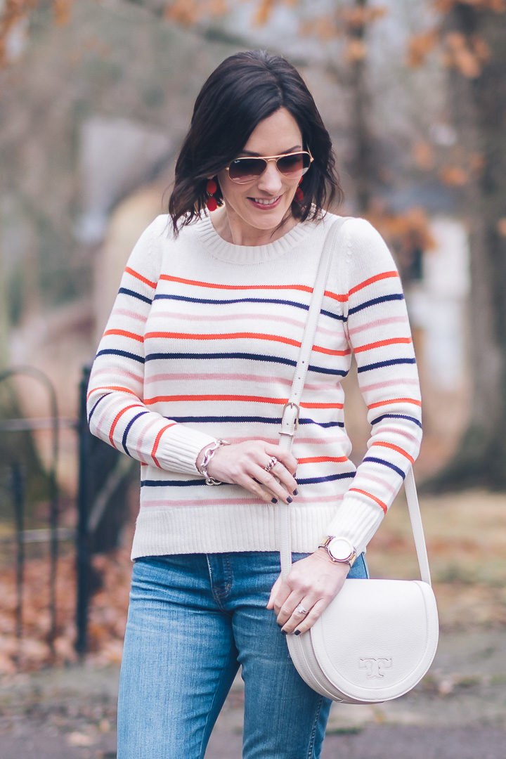 Spring striped sweater outfit for women over 40 featuring Madewell 9