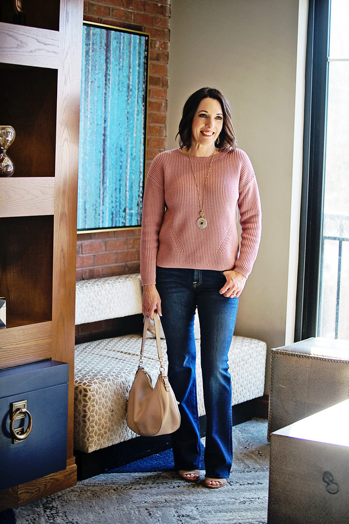 Spring Outfit: Ann Taylor Mauve Sweater with 7FAM Bootcut Jeans and Vince Camuto Kensa Perforated Peep-Toe Booties