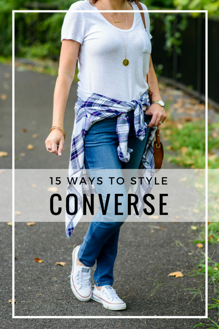 15 Ways to Style Converse: I get a lot of questions about how to style Converse sneakers so I thought I'd gather up all the ways I've styled them over the past couple of years. I wear mine a lot! They're so comfortable and practical, and I love how easy they are to slide on and go. #fashion #outfits #springoutfits #momoutfits #fallfashion #momfashion