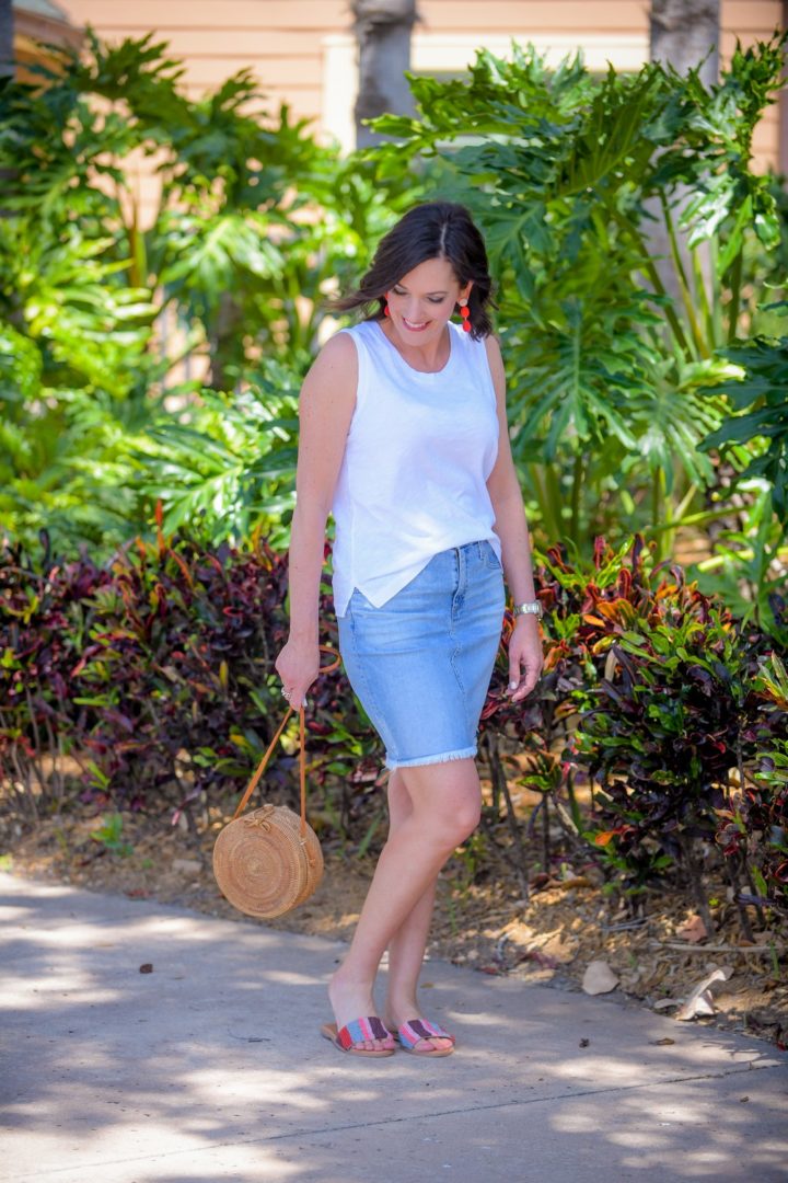 Jo-Lynne Shane wearing a spring outfit featuring AG denim pencil skirt and Madewell whisper cotton crewneck muscle tank