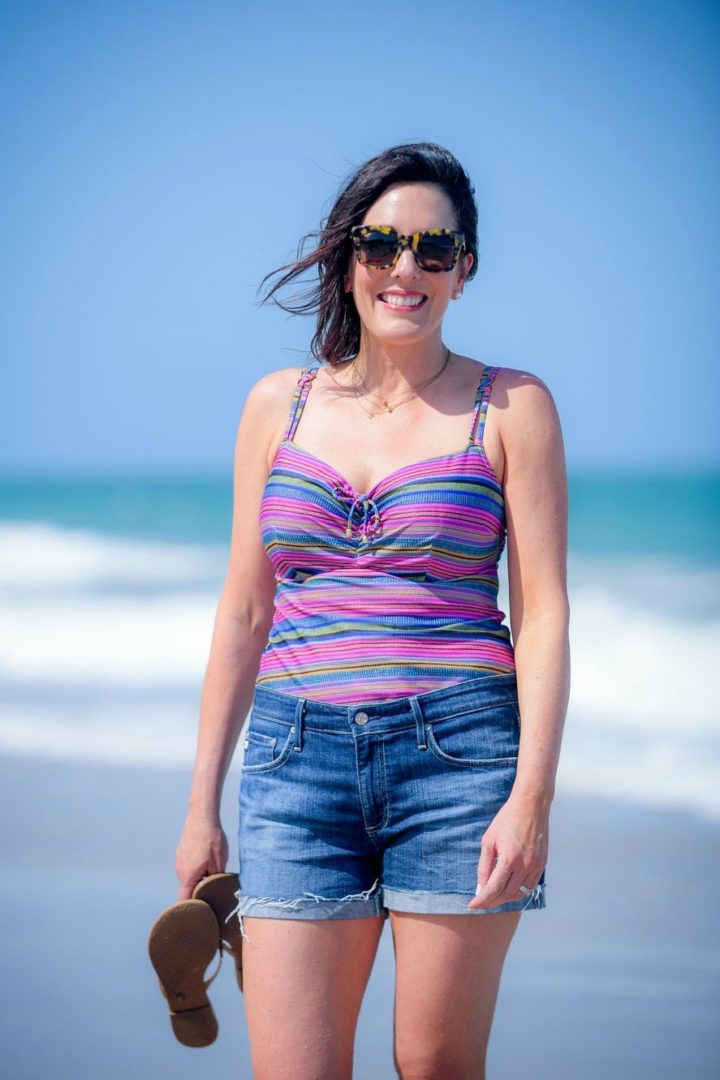 Jo-Lynne Shane wearing Prima Donna Rumba Tankini Chill Pink with AG The Hailey Denim Shorts in Vero Beach