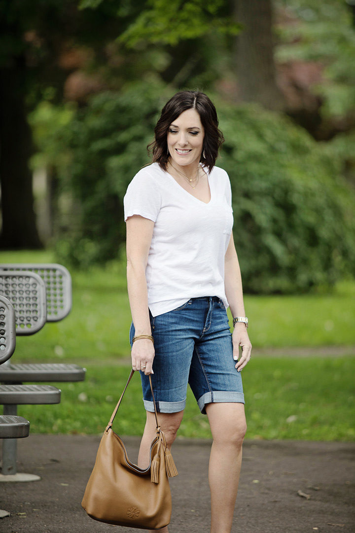 How to Wear Bermuda Shorts Without Looking Frumpy: Many women over a certain age don’t want to wear short shorts, but Bermuda shorts can skew frumpy, so I have some tips to help you choose and style these longer shorts to create a look that is stylish and flattering.