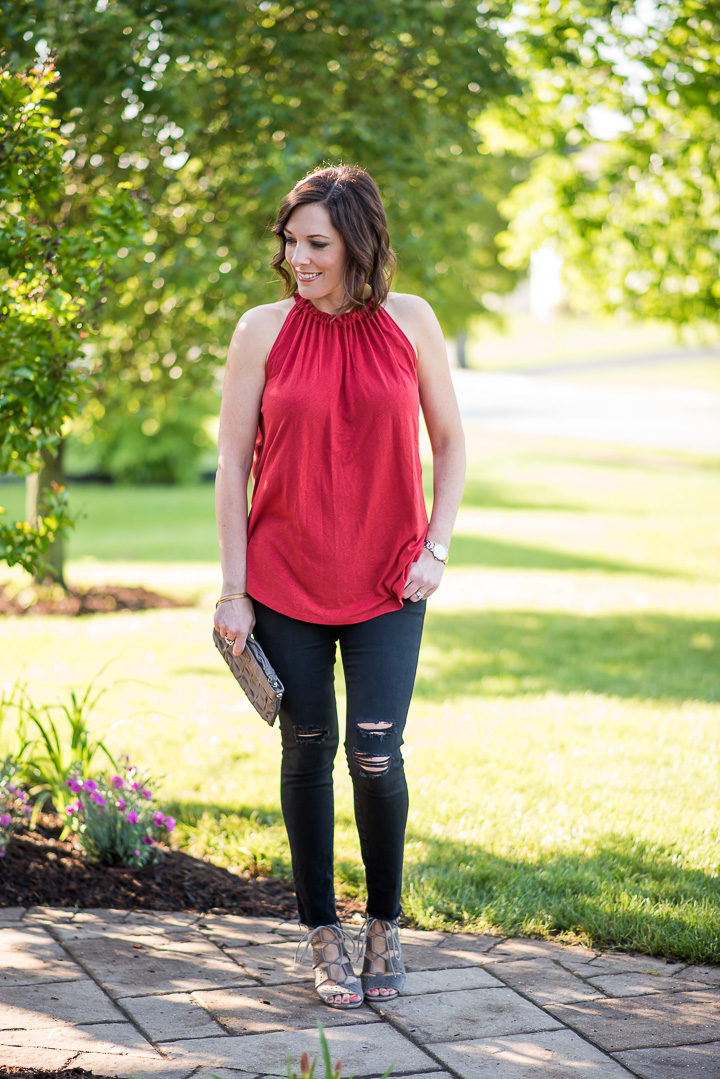 5 Ways to Wear Black Jeans: (#3) with a red halter and block-heel lace-up sandals... click through to see all 5!