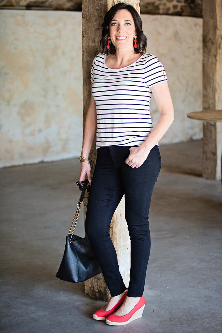 5 Ways to Wear Black Jeans for Summer: (#1) with stripe top and red espadrille wedges... click through to see more!