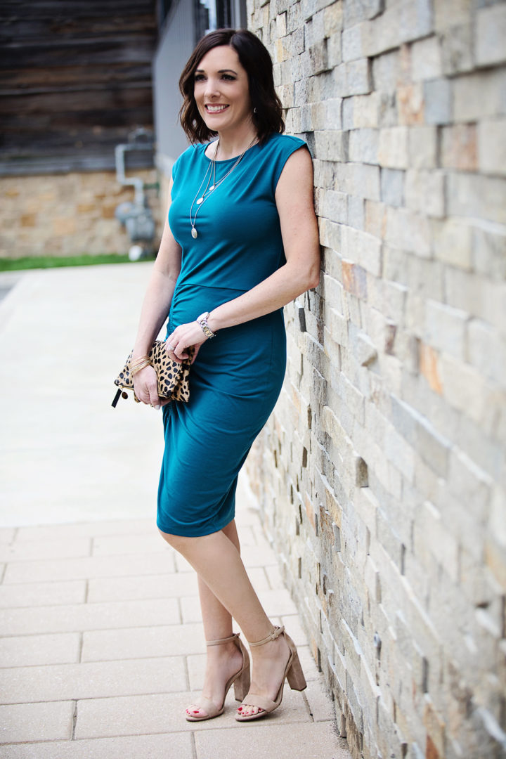 Jo-Lynne Shane wearing TROUVÉ Ruched Knit Dress in Teal Moroccan with Sam Edelman Yaro Ankle Strap Sandals in Oatmeal Suede