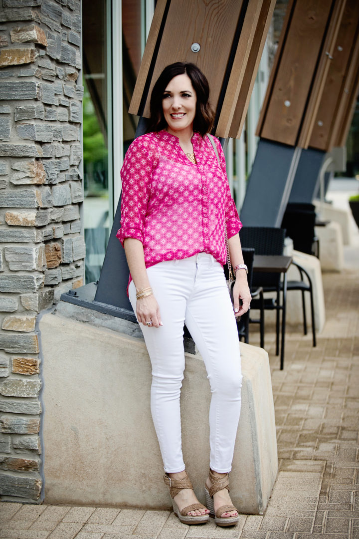 Pink Blouse Two Ways: Jo-Lynne Shane wearing pink chiffon blouse with white Paige Verdugo ankle skinny jeans and Stuart Weitzman Elixir espadrille wedge sandals