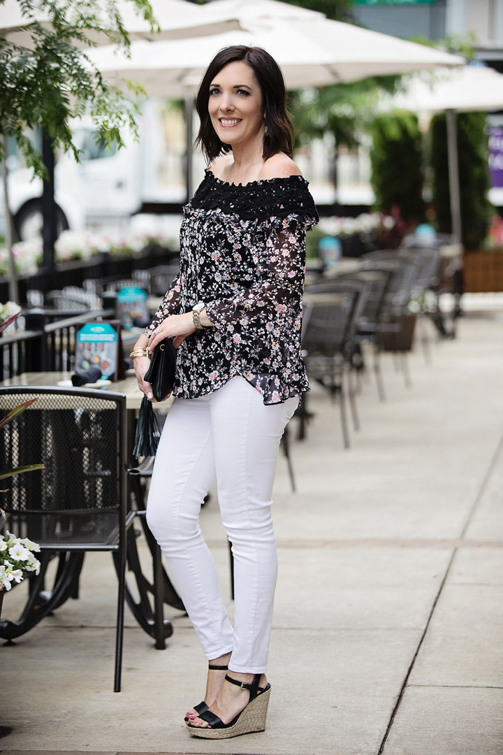 Summer Date Night Look: off-the-shoulder top with white jeans and wedge sandals
