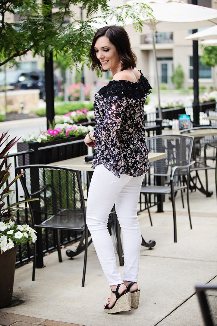 Summer Date Night Look: off-the-shoulder top with white jeans and wedge sandals