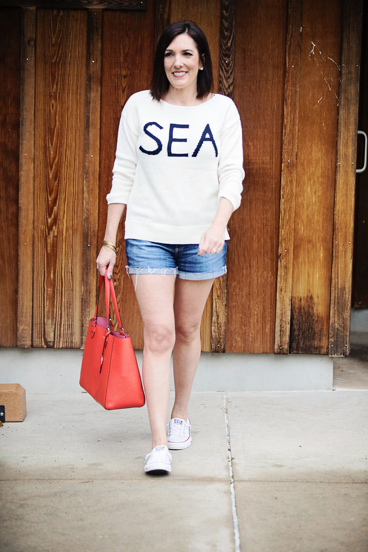 A sweater with shorts is one of my favorites looks to wear on cool summer nights. 