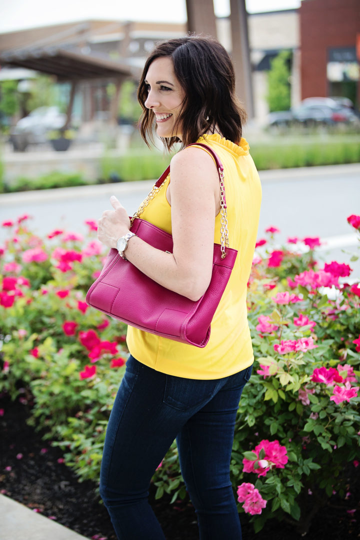 2 Ways to Wear a Yellow Top: dark denim, gold sandals, and a pop of pink!