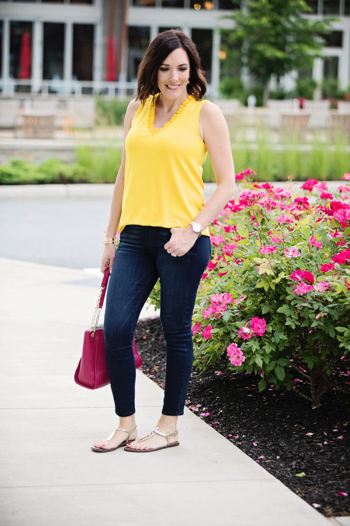 2 Ways to Wear a Yellow Top: dark denim, gold sandals, and a pop of pink!